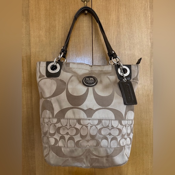 Coach Signature Stripe Khaki Satin Tote Bag Brown Leather Trim Style 14449 - Picture 13 of 16